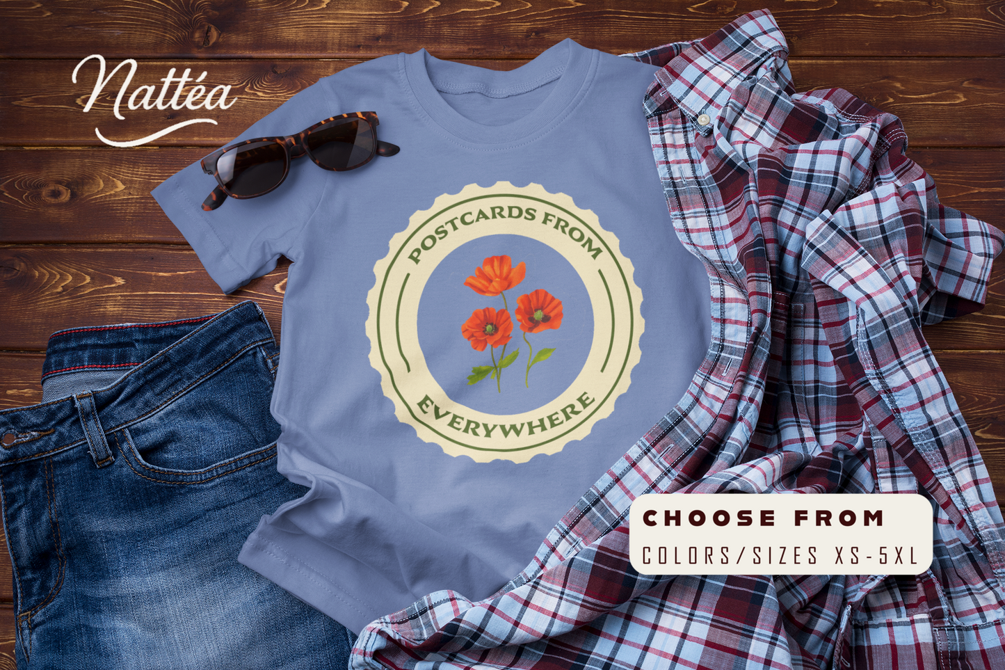 Postcards from Everywhere T-Shirt – Vintage Poppy Field Travel Tee