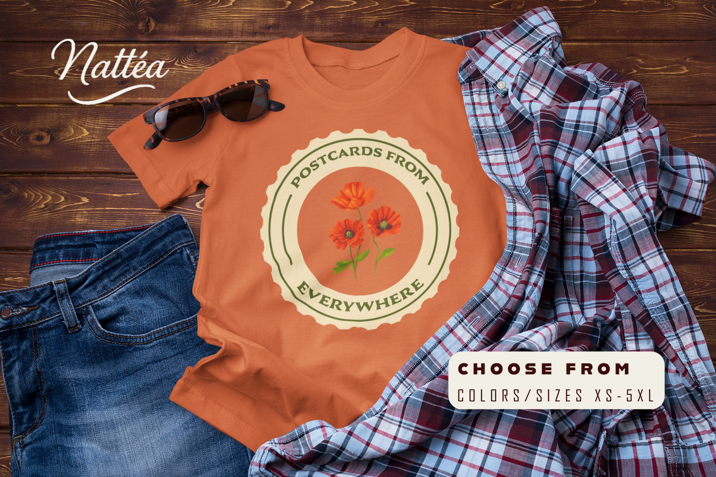 Postcards from Everywhere T-Shirt – Vintage Poppy Field Travel Tee