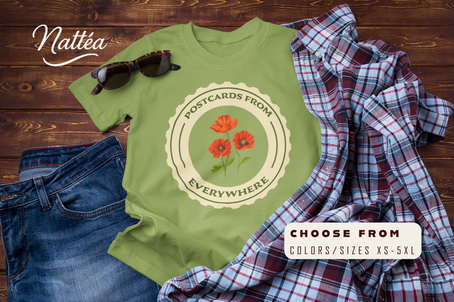 Postcards from Everywhere T-Shirt – Vintage Poppy Field Travel Tee