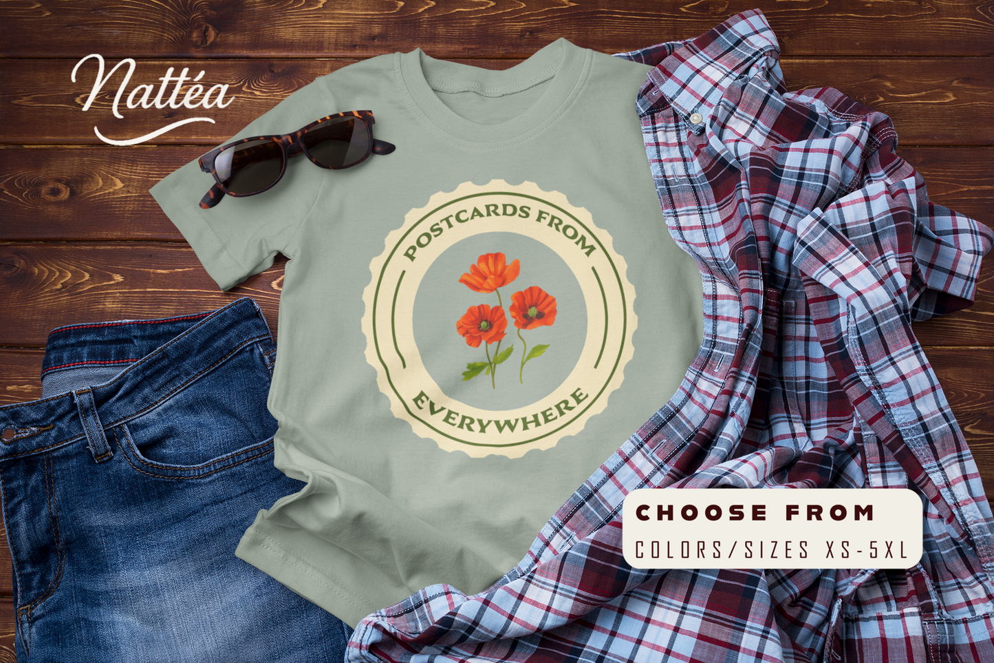 Postcards from Everywhere T-Shirt – Vintage Poppy Field Travel Tee