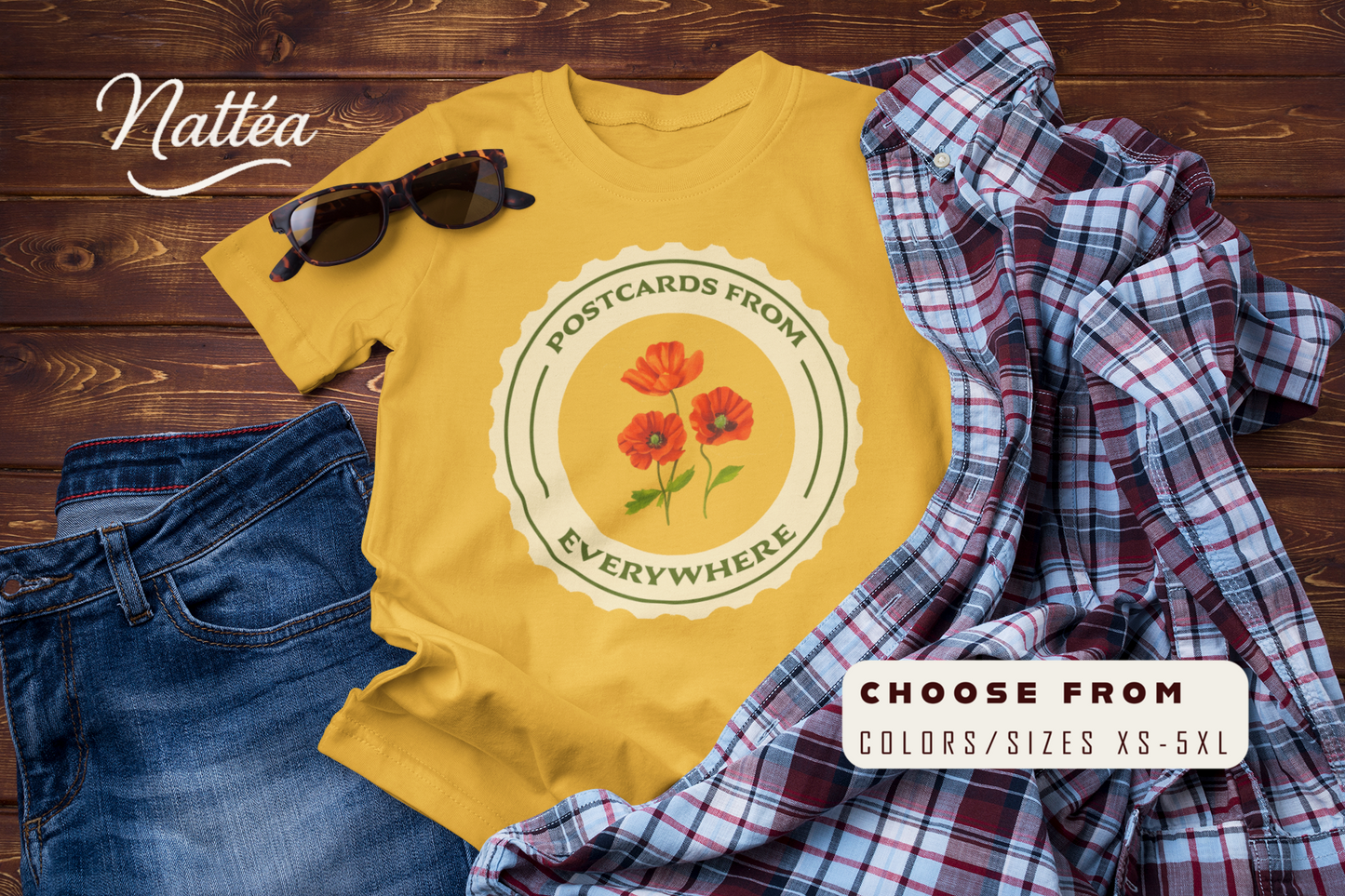 Postcards from Everywhere T-Shirt – Vintage Poppy Field Travel Tee