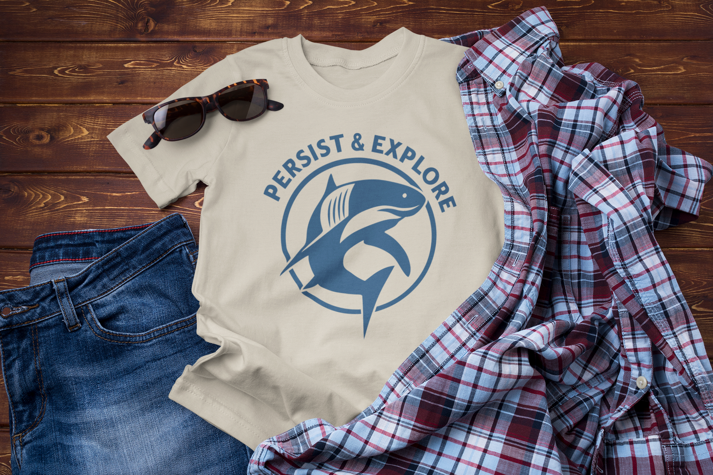 Persist & Explore – Bold Shark Travel Shirt for Fearless Explorers
