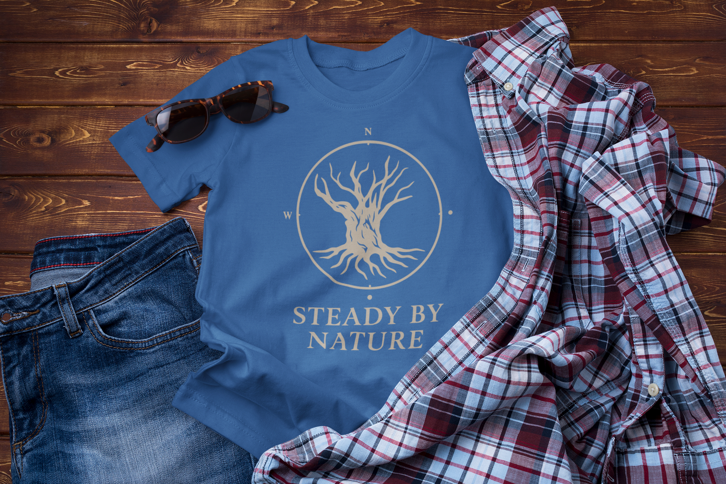 Steady by Nature – Minimal Tree Travel T-Shirt for Calm Souls & Explorers