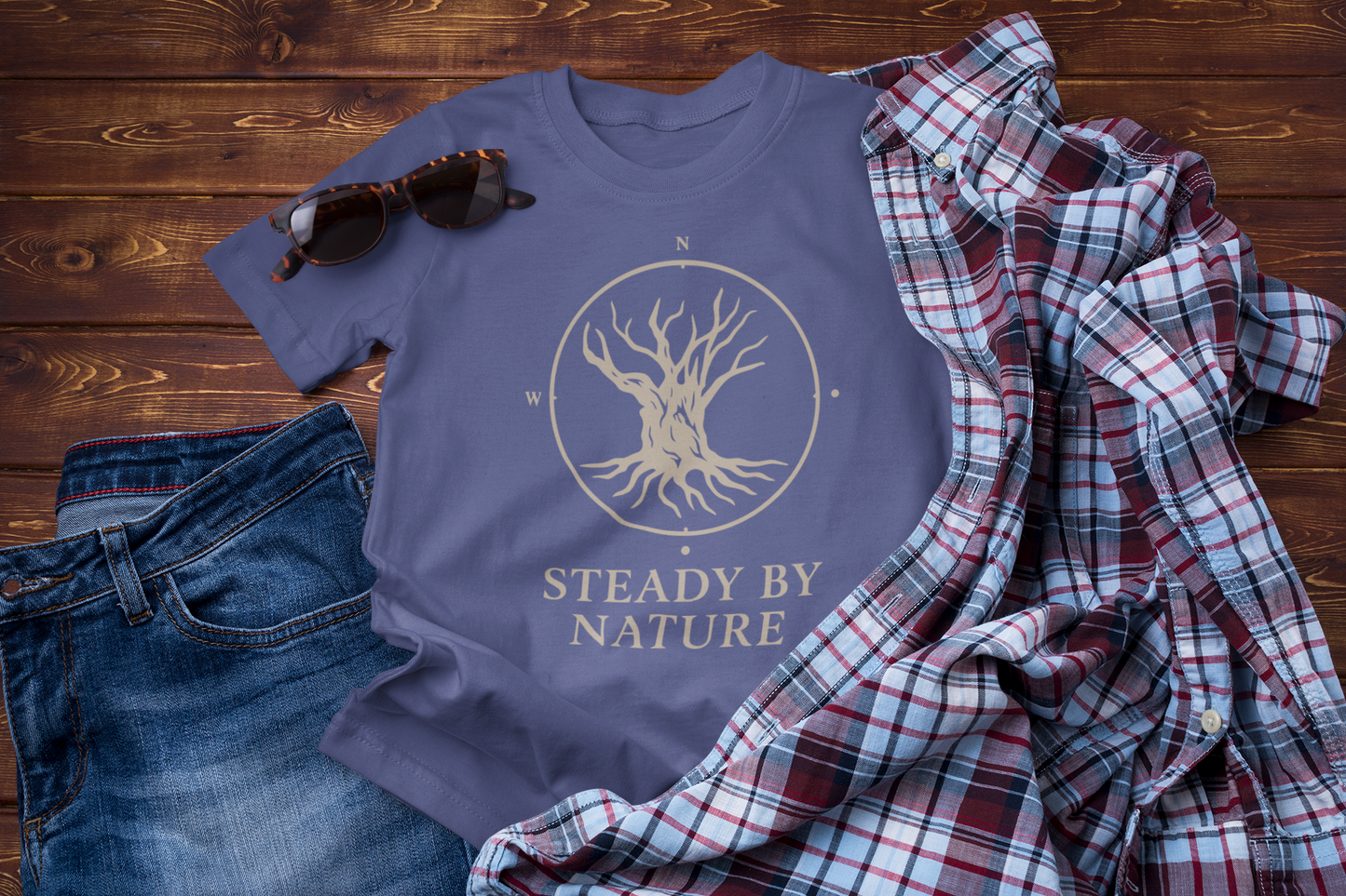 Steady by Nature – Minimal Tree Travel T-Shirt for Calm Souls & Explorers