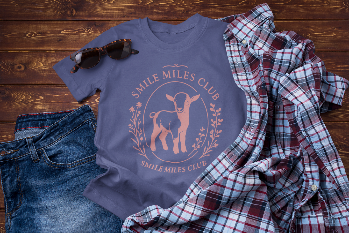 Smile Miles Club – Positive Vibes Travel T-Shirt with Cute Lamb Design