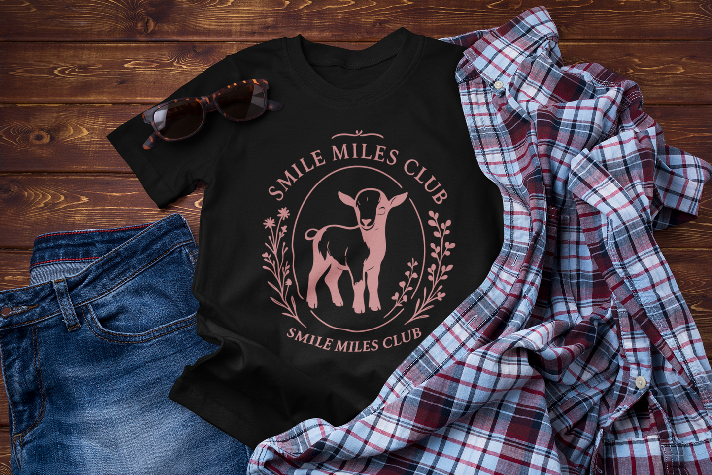 Smile Miles Club – Positive Vibes Travel T-Shirt with Cute Lamb Design