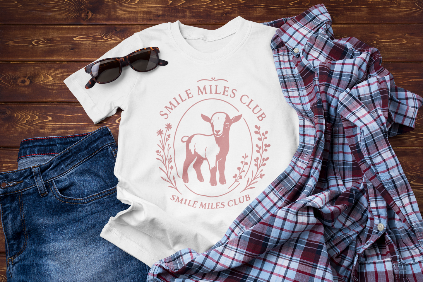 Smile Miles Club – Positive Vibes Travel T-Shirt with Cute Lamb Design