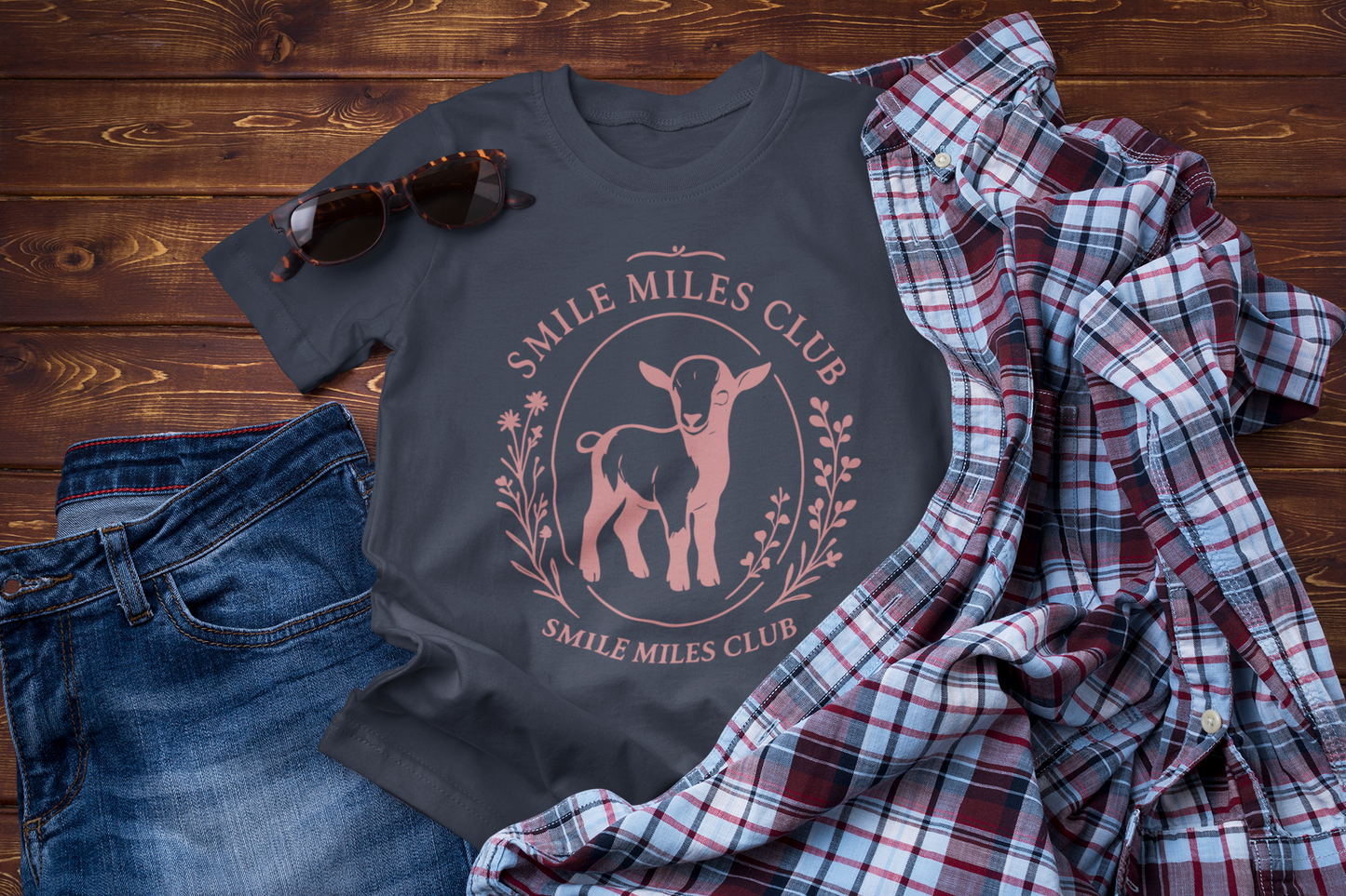Smile Miles Club – Positive Vibes Travel T-Shirt with Cute Lamb Design