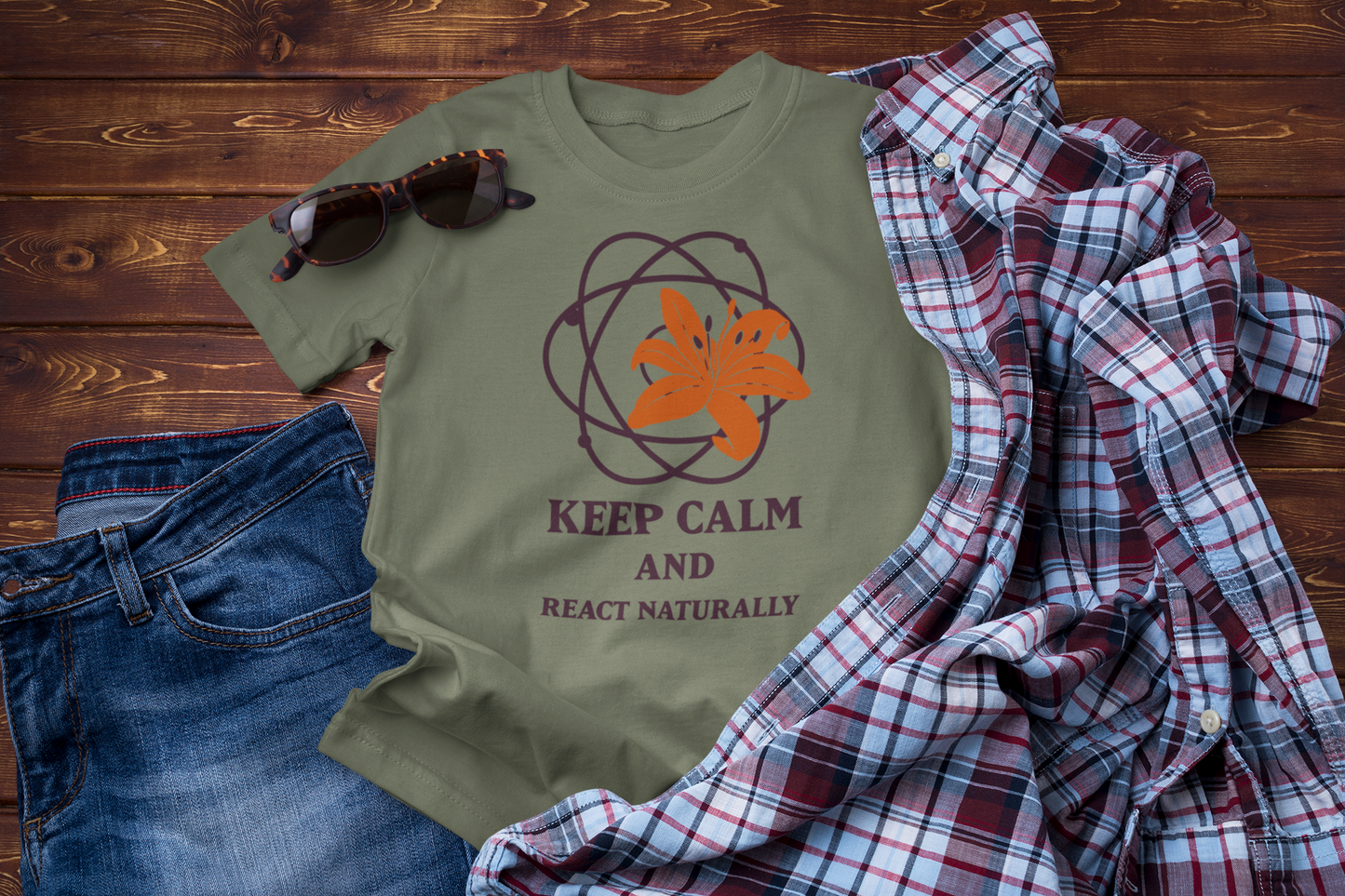 Keep Calm and React Naturally – Funny Science Traveler T-Shirt