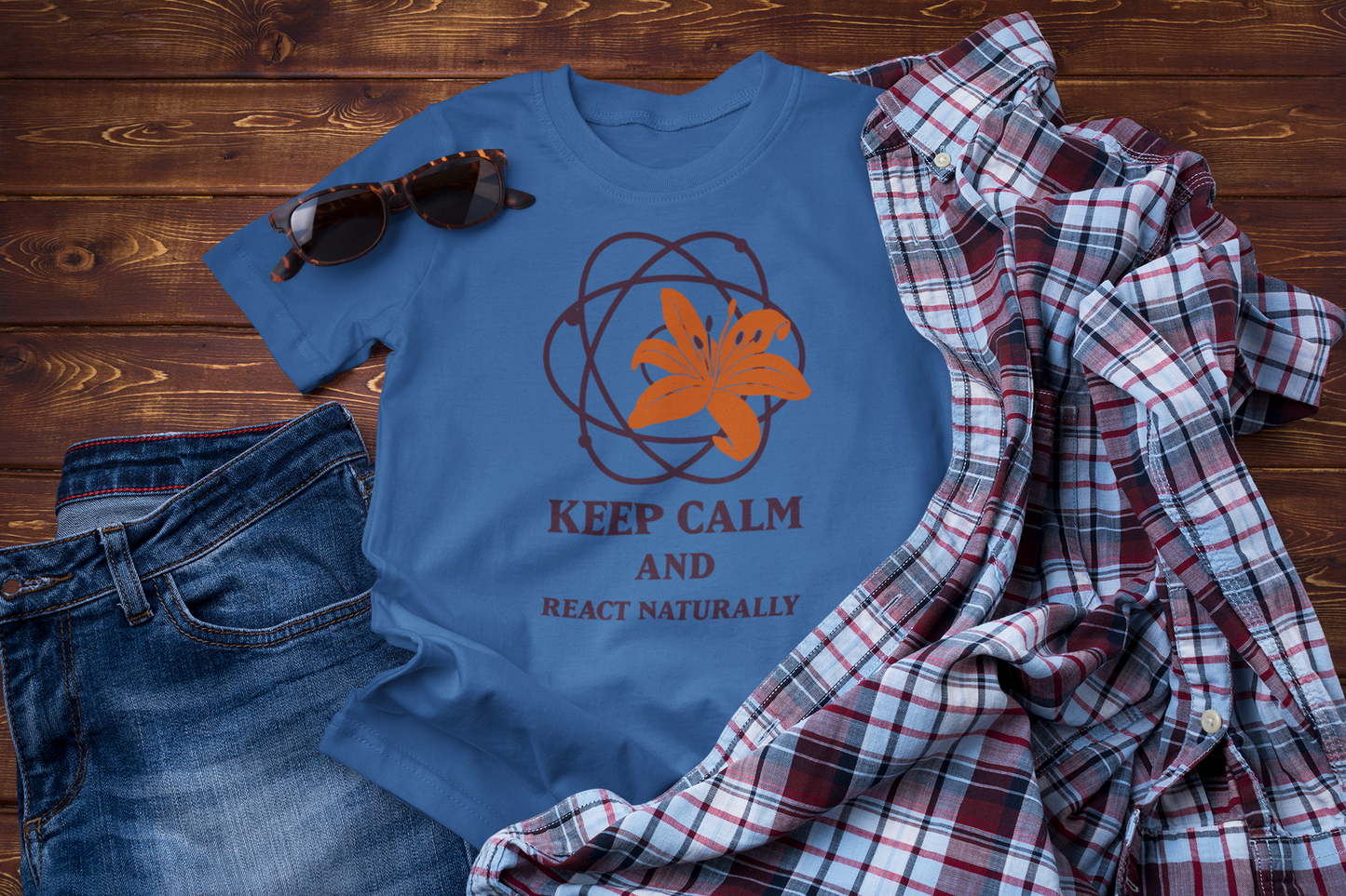 Keep Calm and React Naturally – Funny Science Traveler T-Shirt
