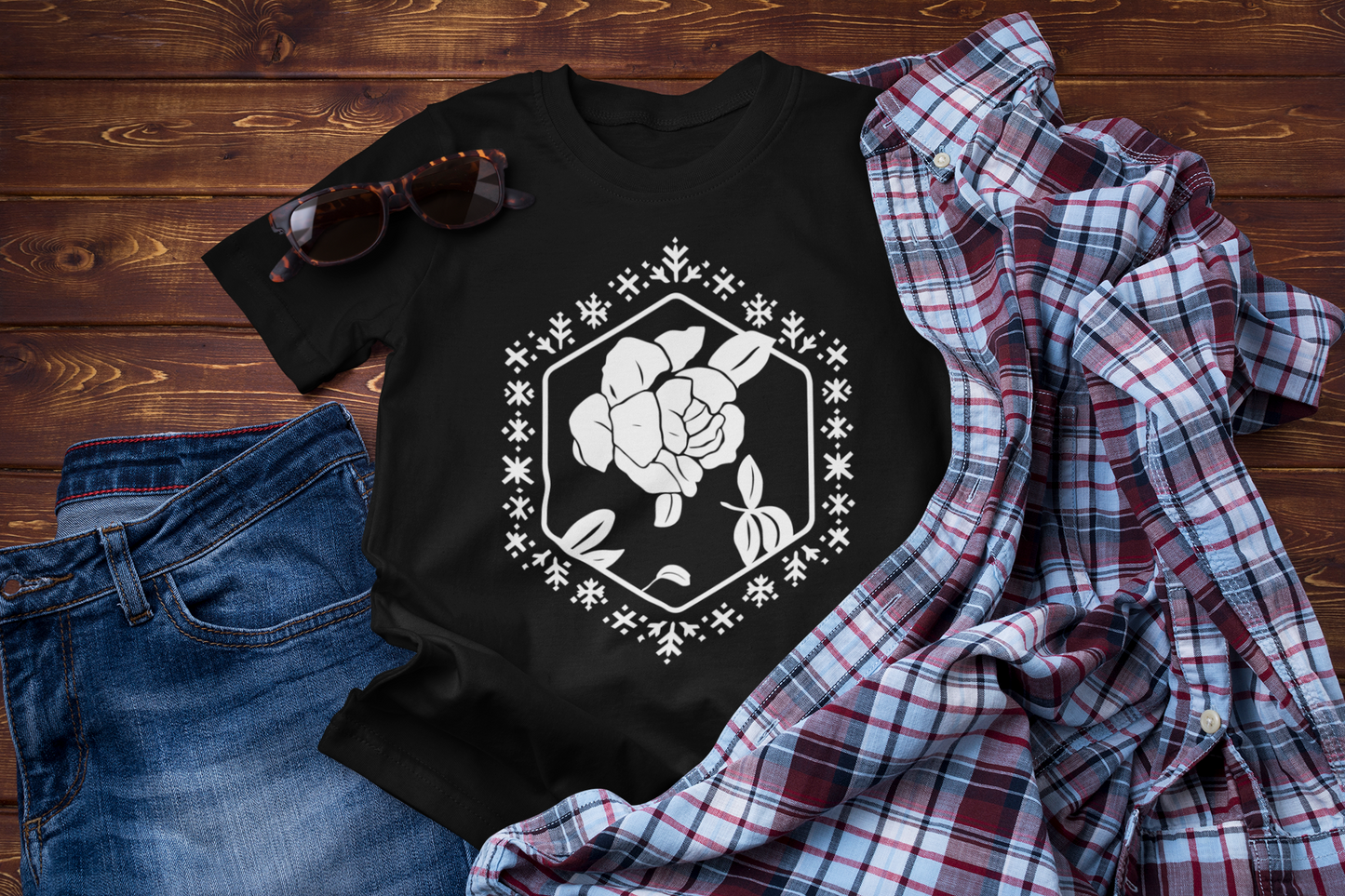 Winter Travel Floral T-Shirt – Peony Design in Folk Embroidery Style