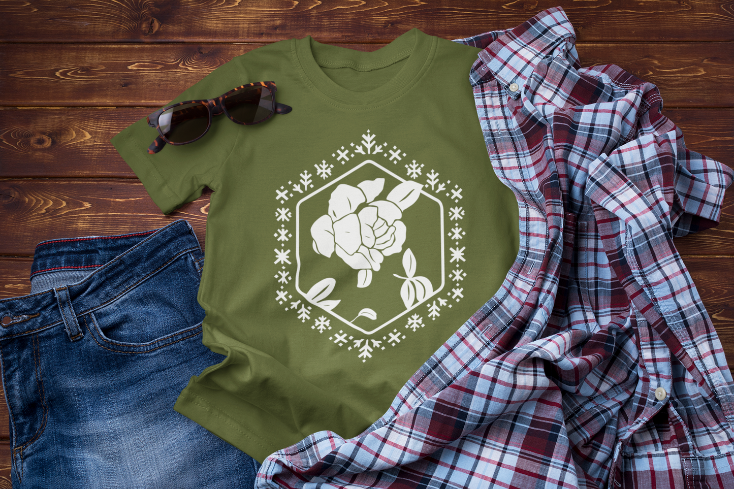 Winter Travel Floral T-Shirt – Peony Design in Folk Embroidery Style