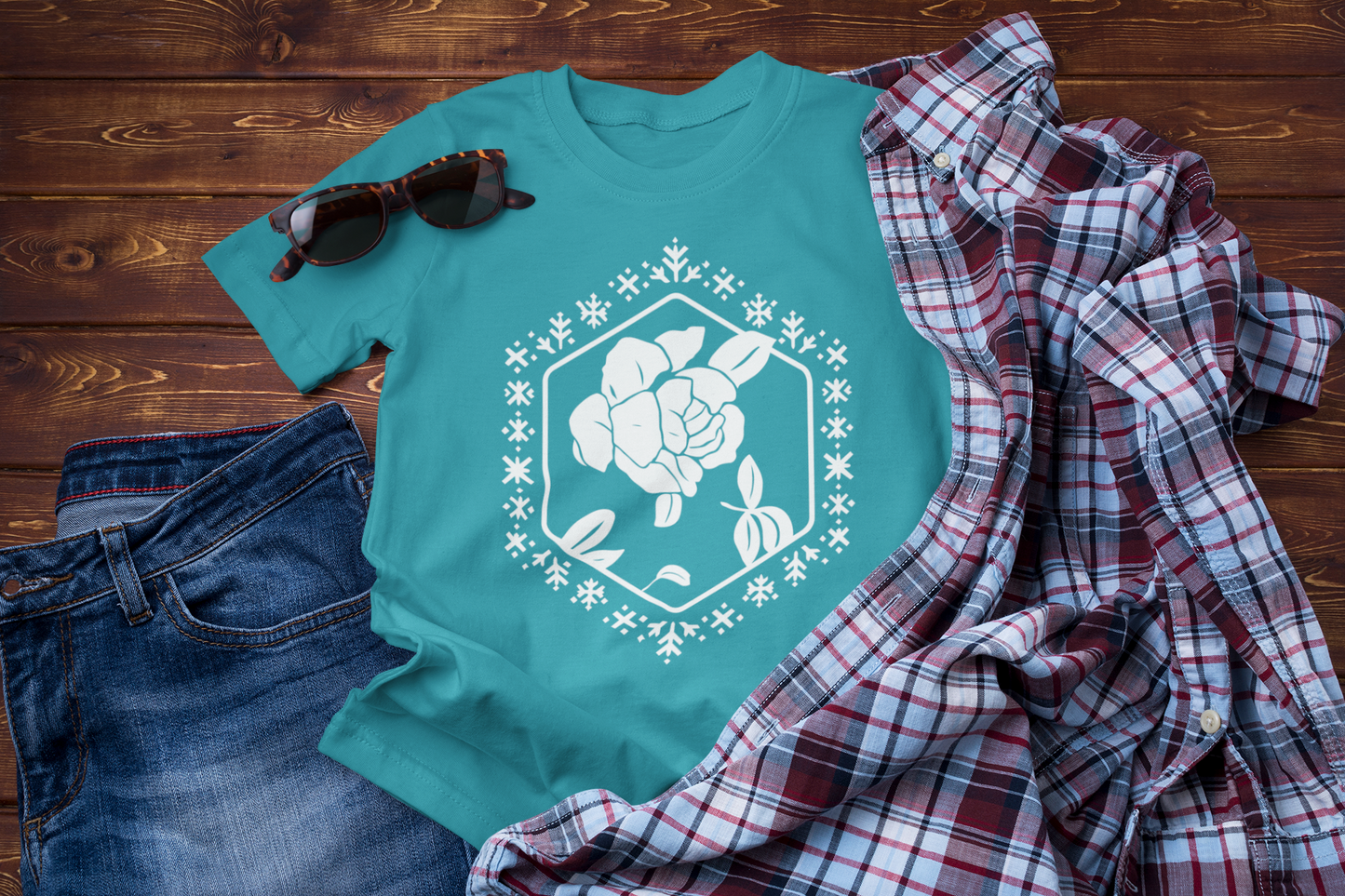 Winter Travel Floral T-Shirt – Peony Design in Folk Embroidery Style