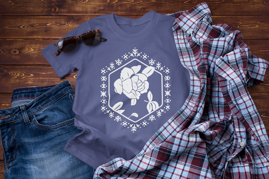 Winter Travel Floral T-Shirt – Peony Design in Folk Embroidery Style