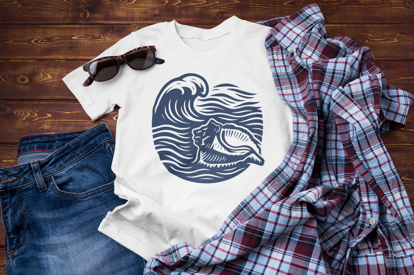 Guided by the Sea – Ocean Wave & Conch Shell Tee