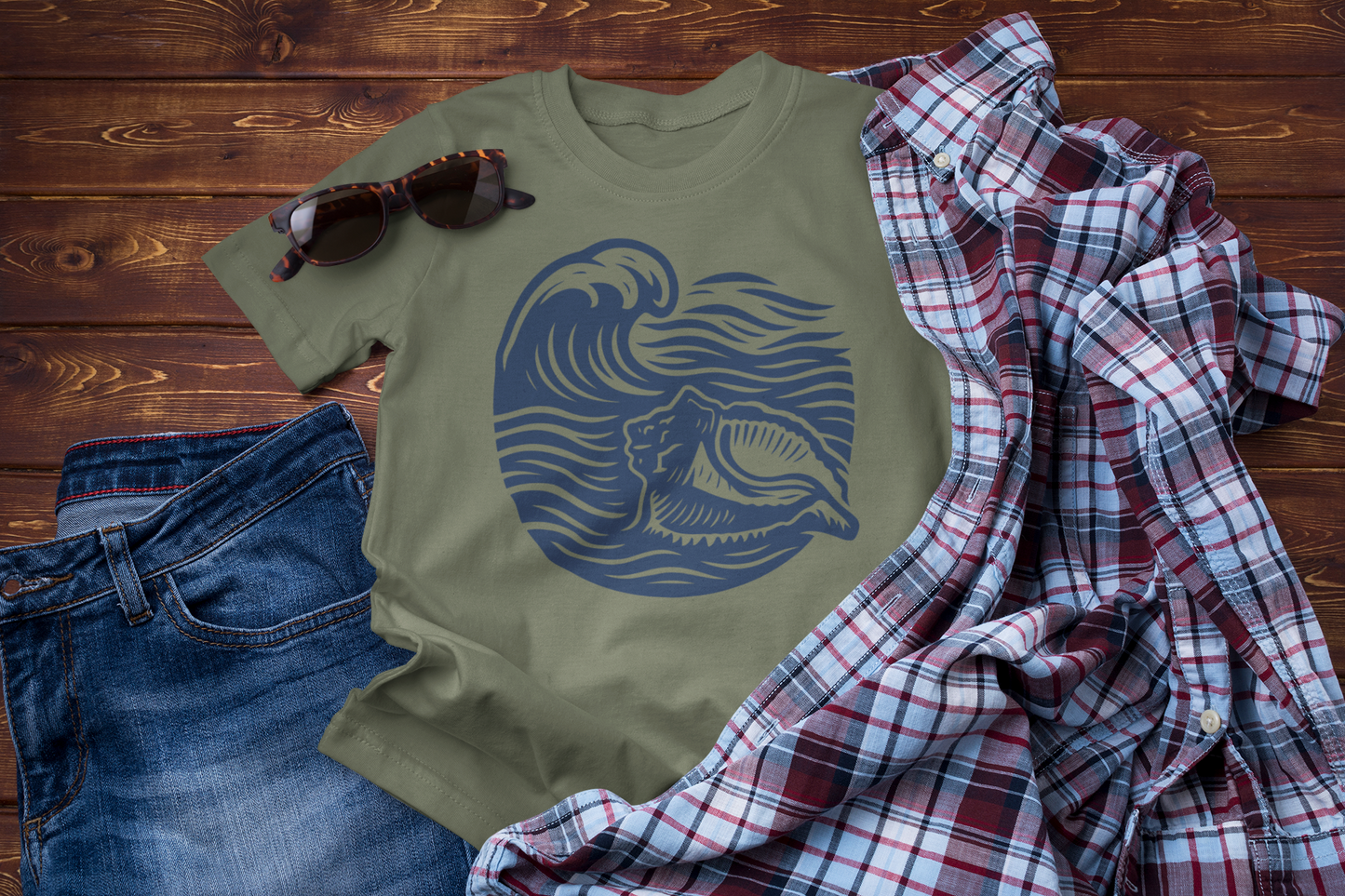 Guided by the Sea – Ocean Wave & Conch Shell Tee
