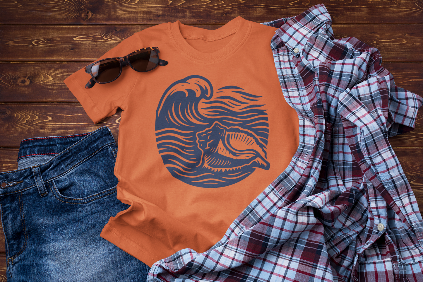 Guided by the Sea – Ocean Wave & Conch Shell Tee