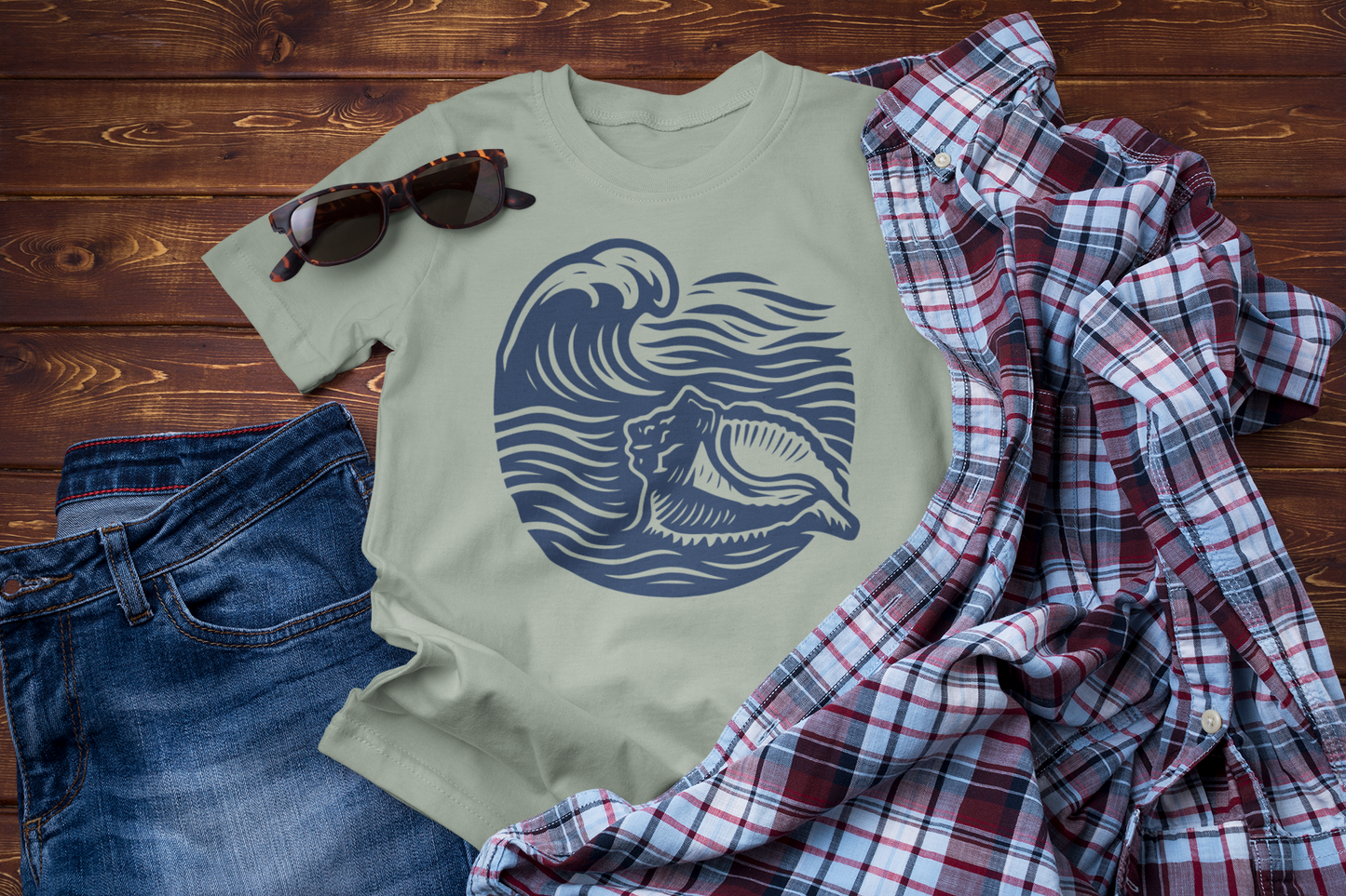 Guided by the Sea – Ocean Wave & Conch Shell Tee