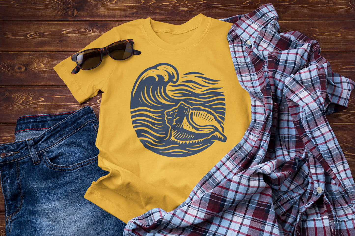 Guided by the Sea – Ocean Wave & Conch Shell Tee
