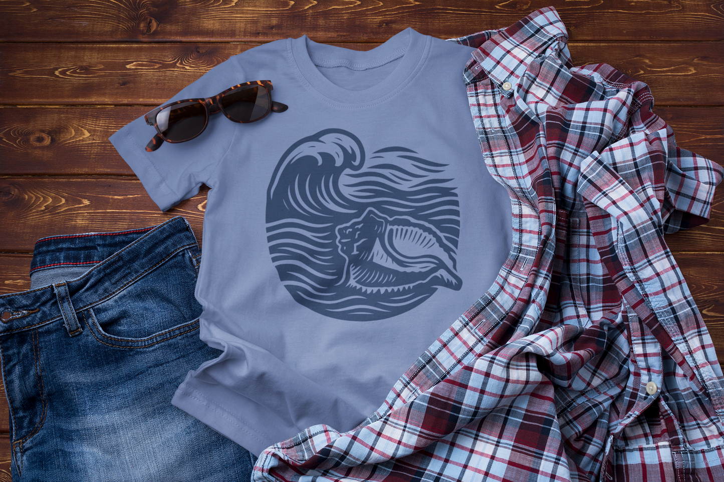 Guided by the Sea – Ocean Wave & Conch Shell Tee