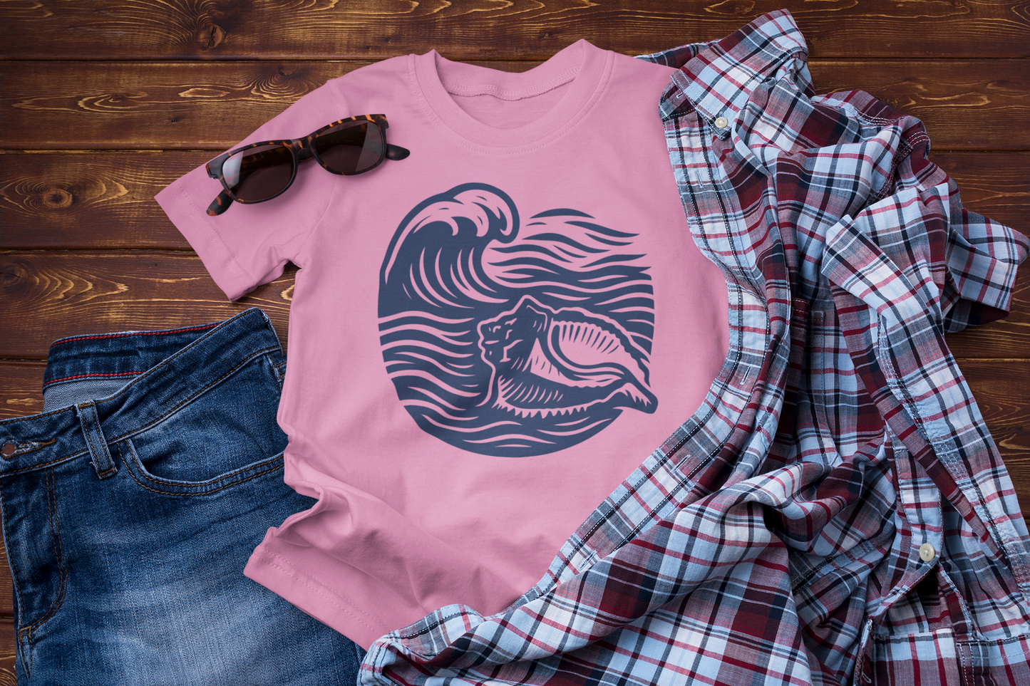 Guided by the Sea – Ocean Wave & Conch Shell Tee