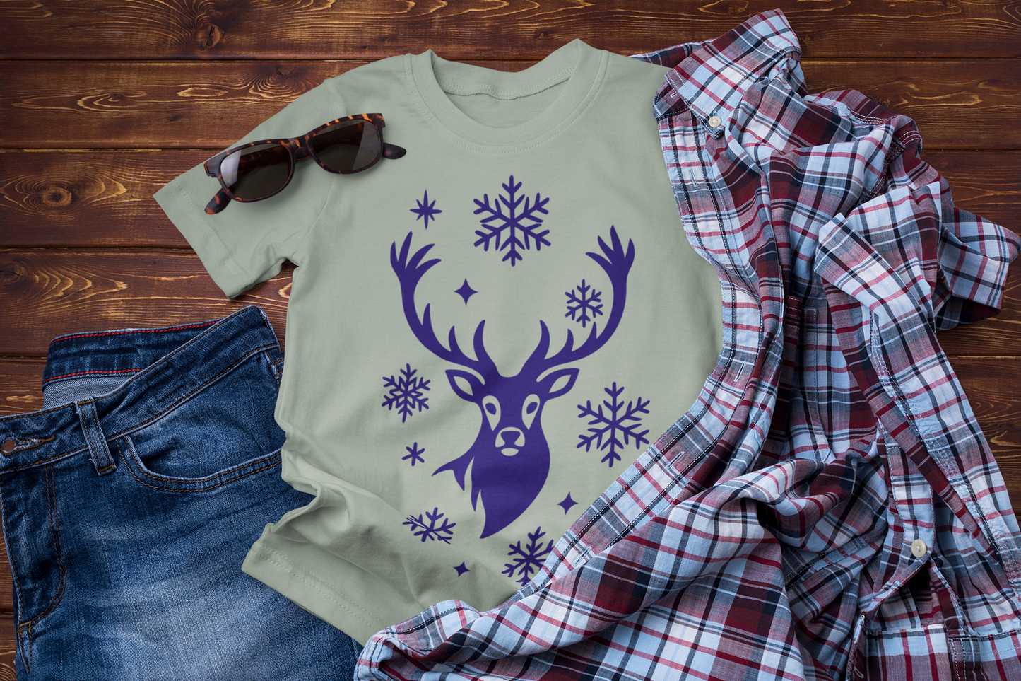 Winter Deer Forest Graphic Tee – Minimal Snowflake Design