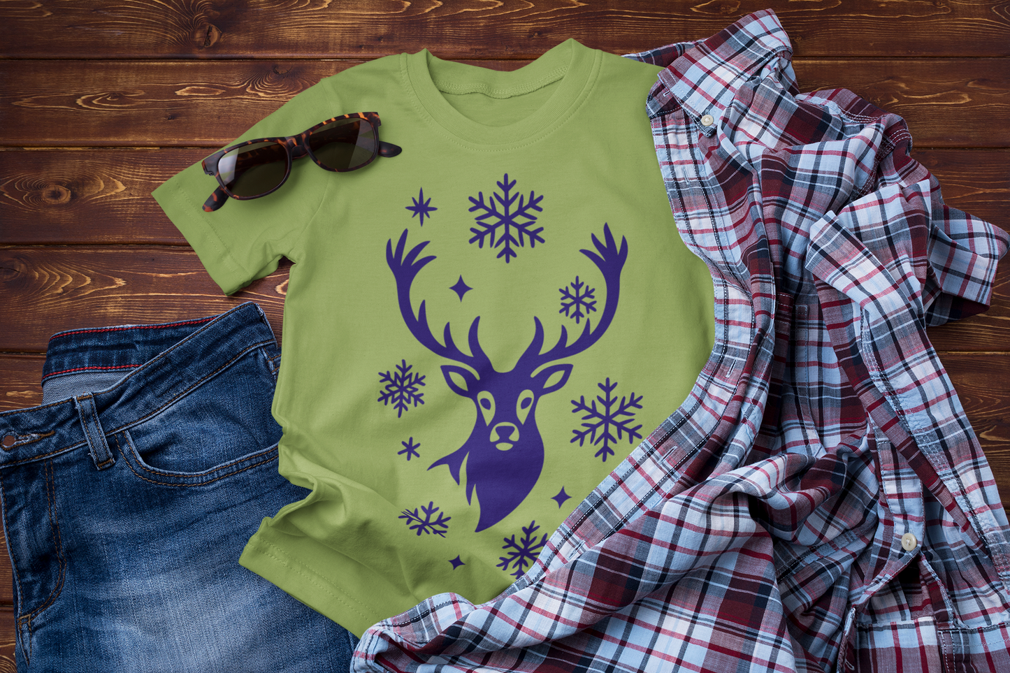 Winter Deer Forest Graphic Tee – Minimal Snowflake Design