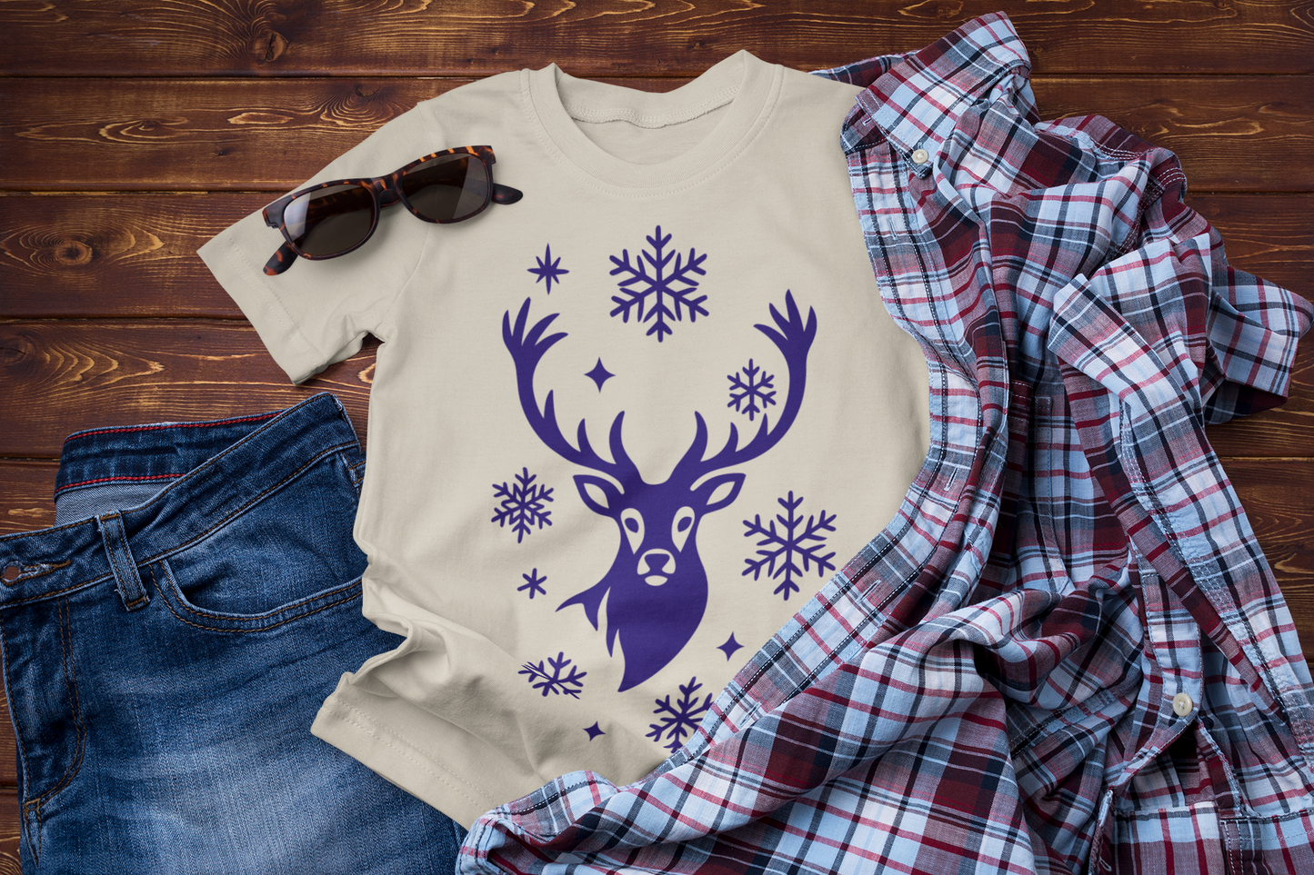 Winter Deer Forest Graphic Tee – Minimal Snowflake Design