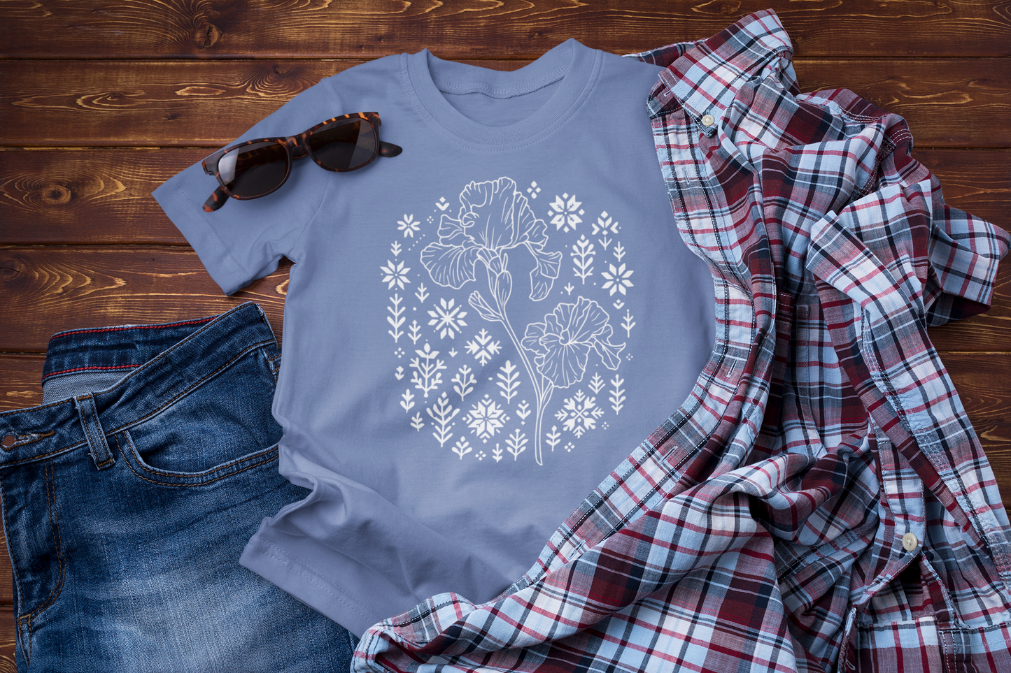 Winter Iris Tee – Floral Folk Embroidery Graphic