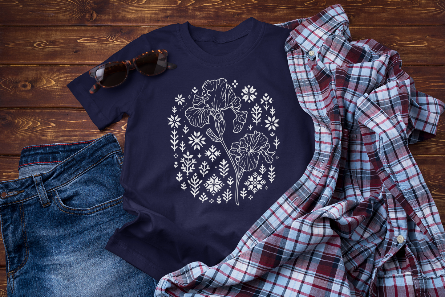 Winter Iris Tee – Floral Folk Embroidery Graphic