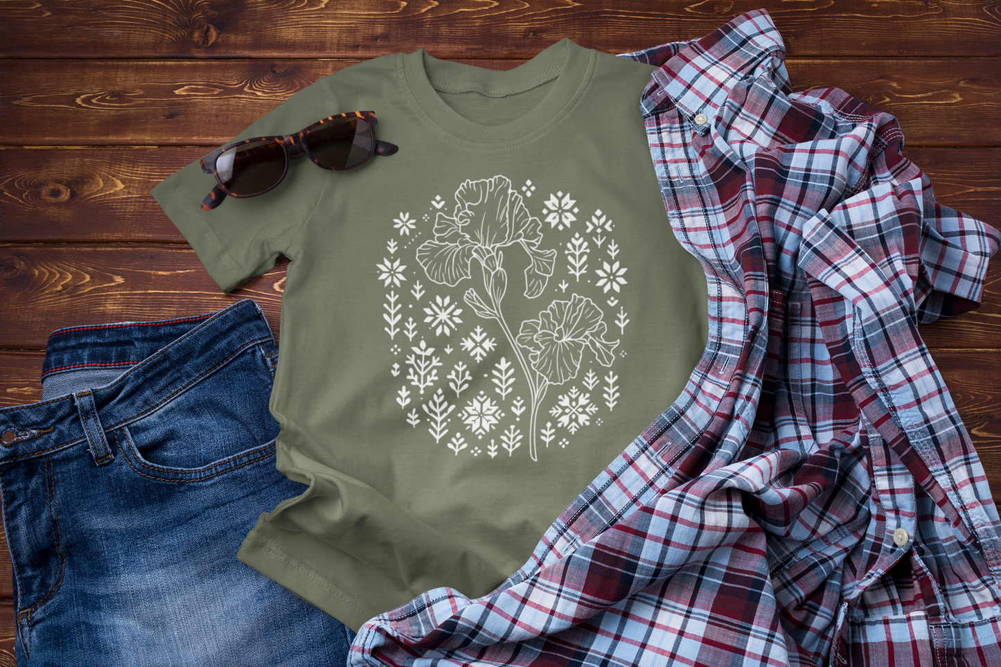 Winter Iris Tee – Floral Folk Embroidery Graphic