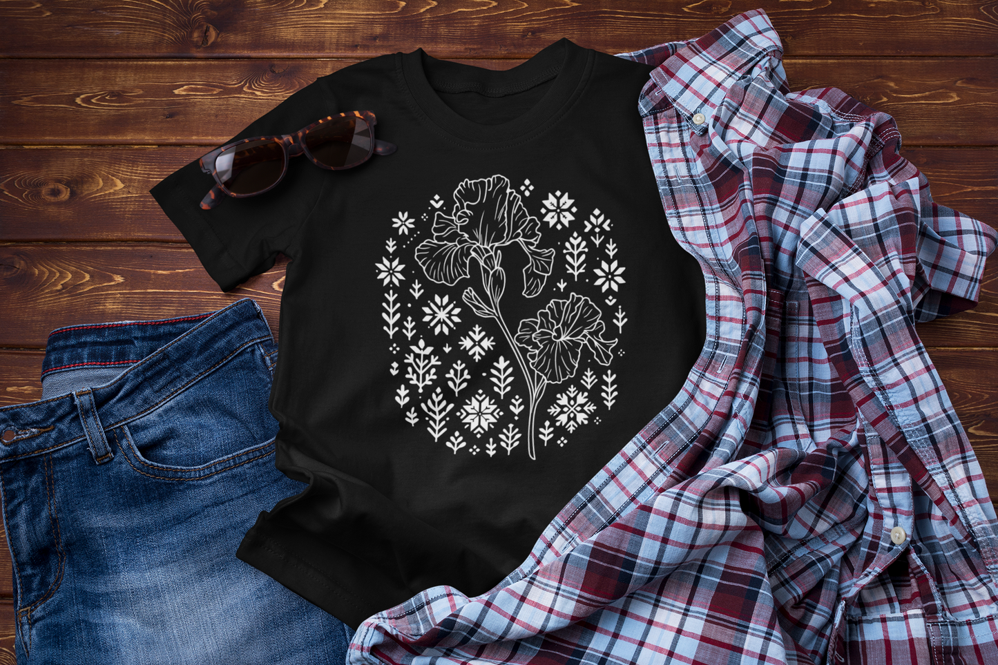 Winter Iris Tee – Floral Folk Embroidery Graphic