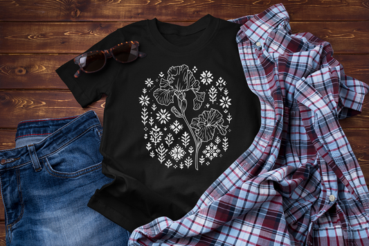 Winter Iris Tee – Floral Folk Embroidery Graphic