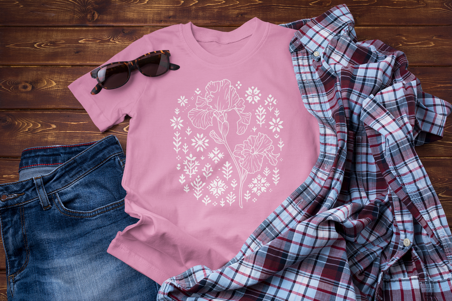 Winter Iris Tee – Floral Folk Embroidery Graphic