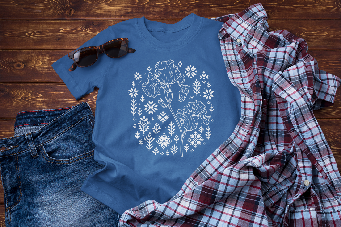 Winter Iris Tee – Floral Folk Embroidery Graphic