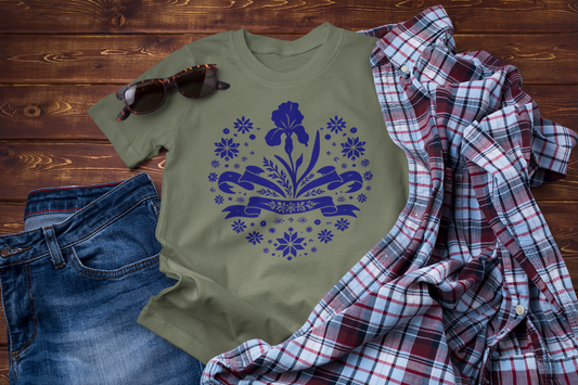 Quiet Winter Bloom – Iris Folk Floral Graphic Tee